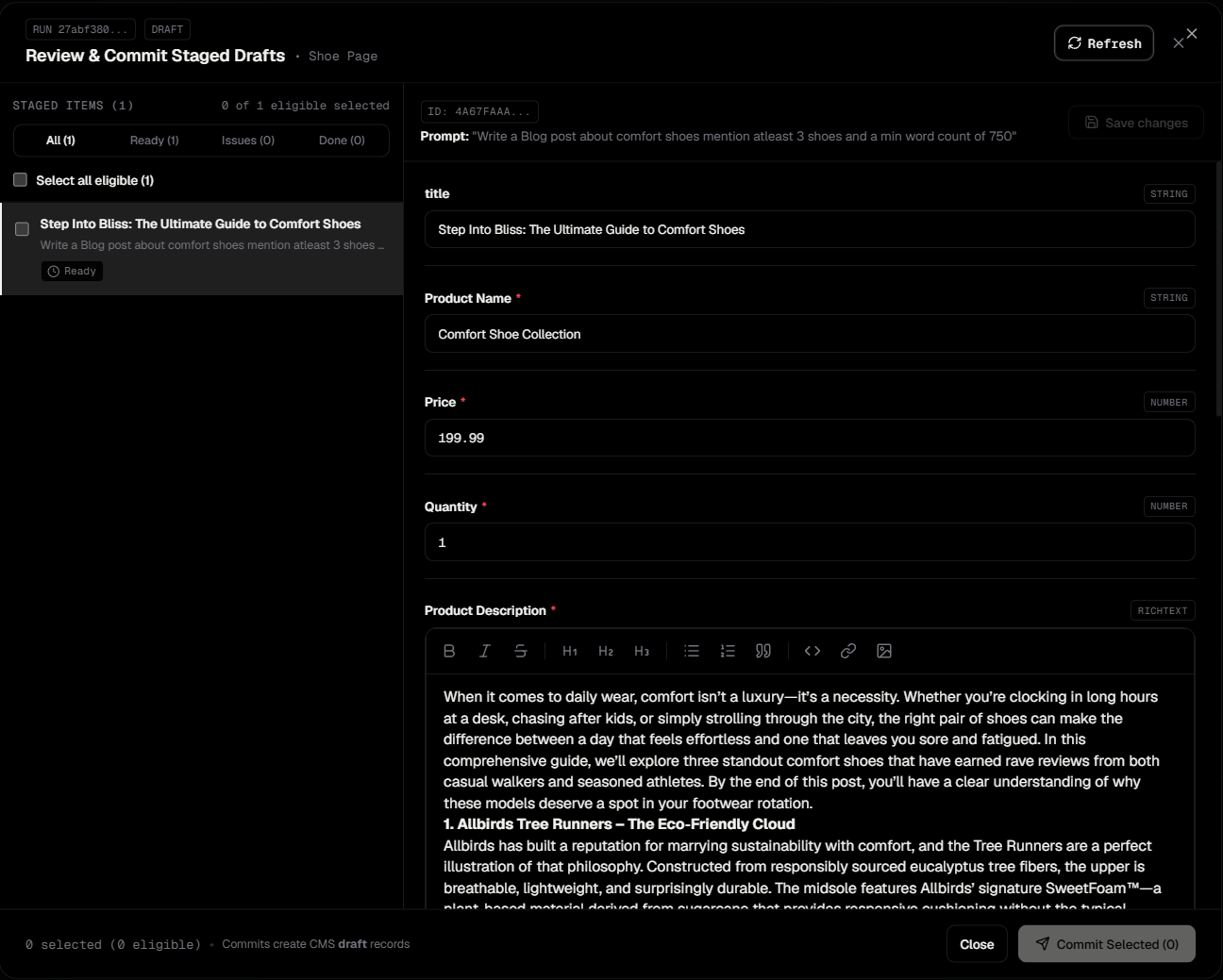 SCHMA AI staged review workspace showing generated batch items and schema validation status