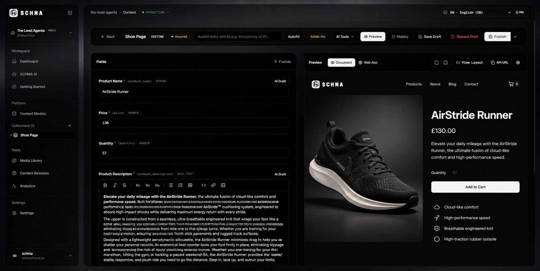 SCHMA Content Editor connected to live web app preview showing draft product fields alongside rendered storefront