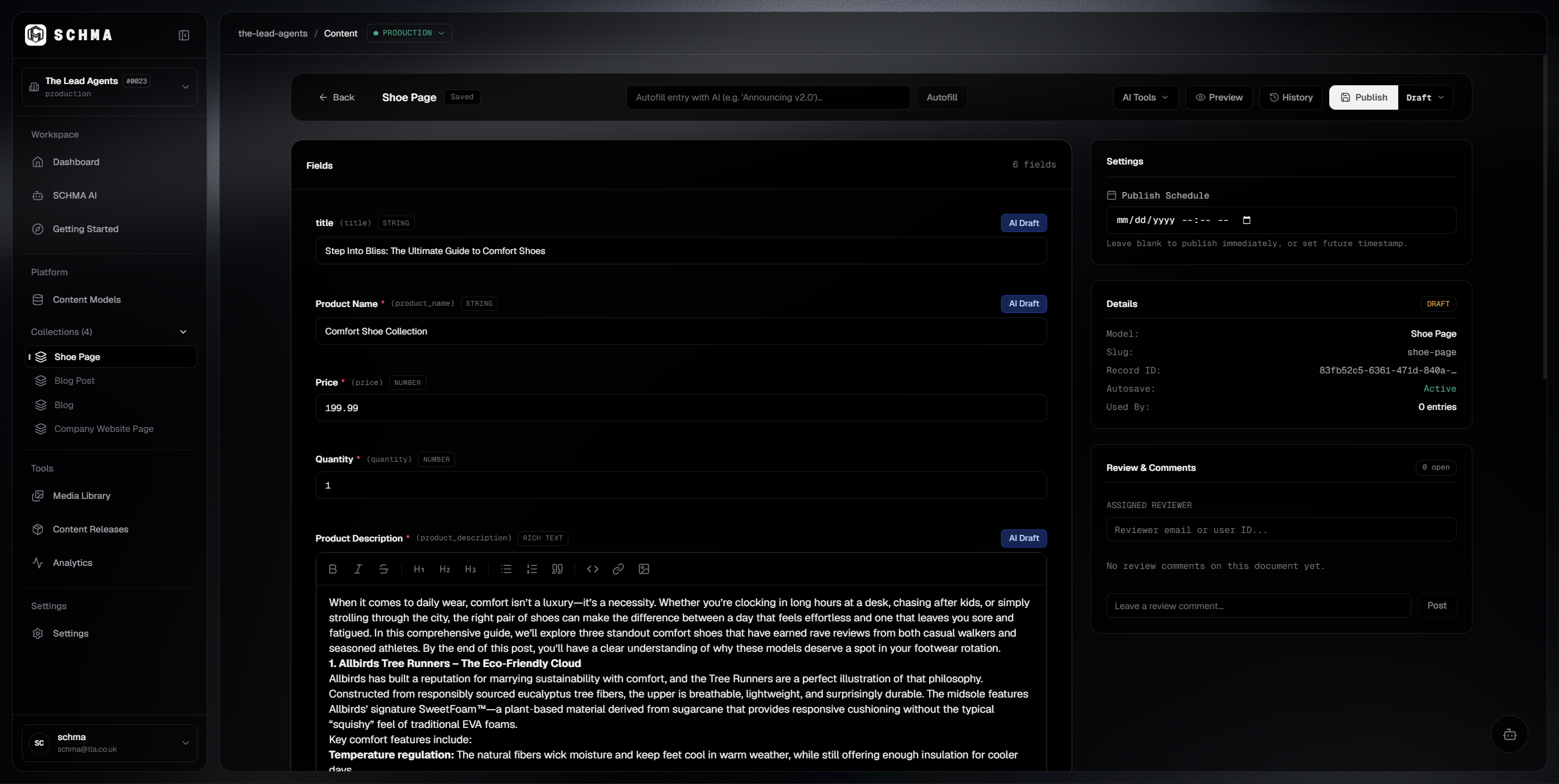 SCHMA content editor showing Shoe Page entry with AirStride Runner fields, publishing controls, and review comments
