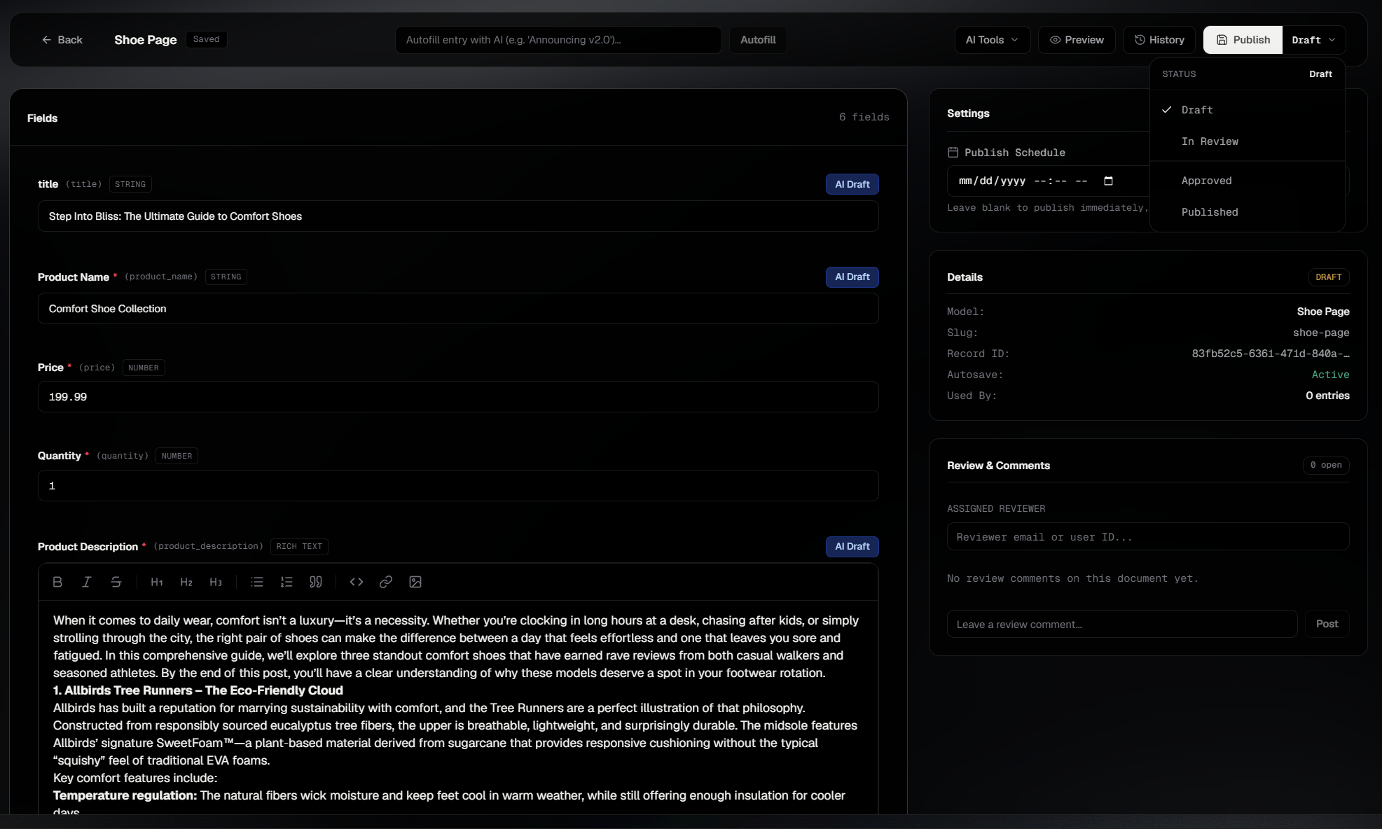 SCHMA editor with workflow dropdown open showing Save as Draft, Submit for Review, Approve Content, and Publish Immediately