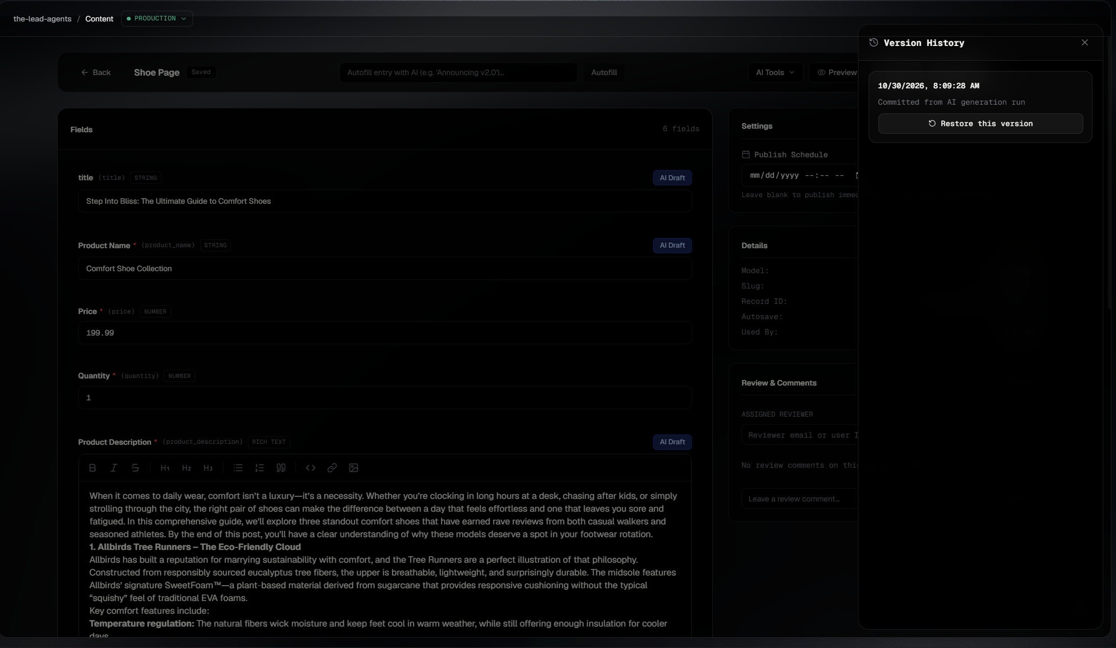 SCHMA Version History drawer showing dated revision entries and Restore this version action buttons