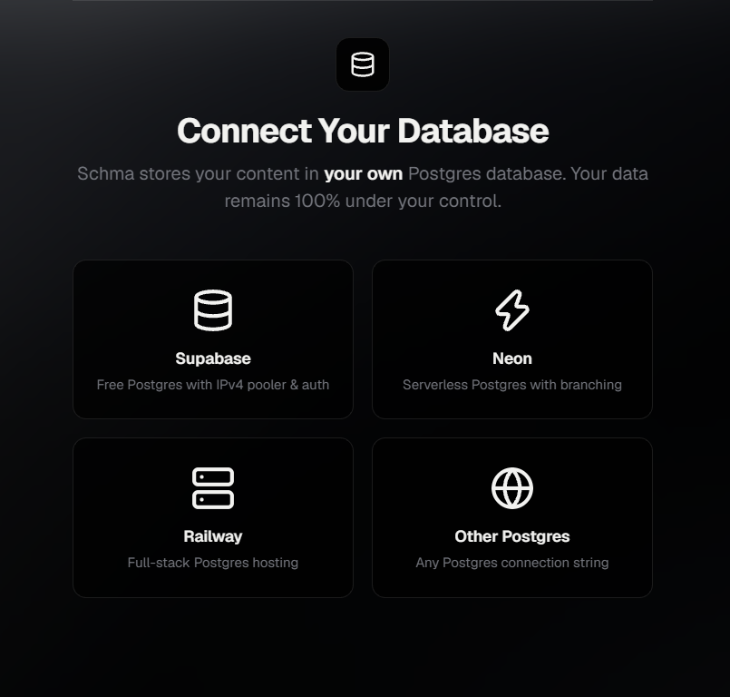 SCHMA Studio database connection modal showing PostgreSQL connection URI input and migrations