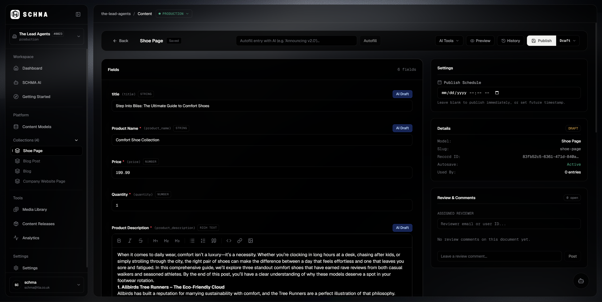SCHMA Content Studio editorial interface and publishing workflow