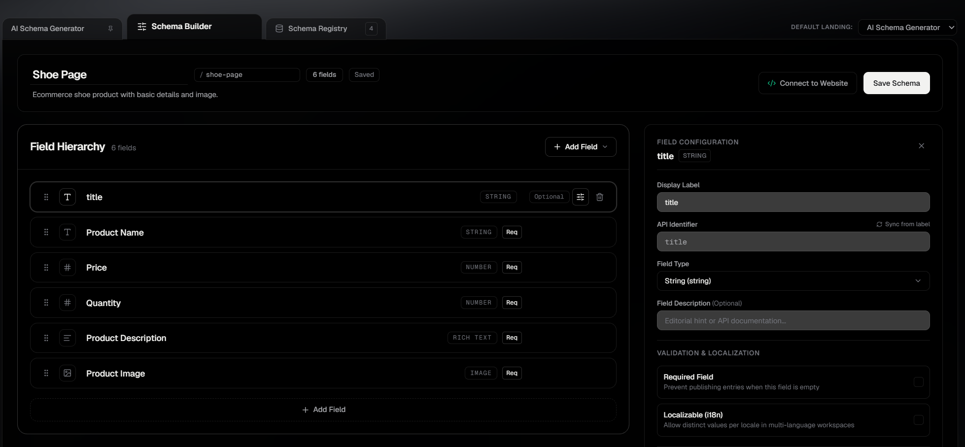 SCHMA Schema Builder showing visual content modeling and field configurations