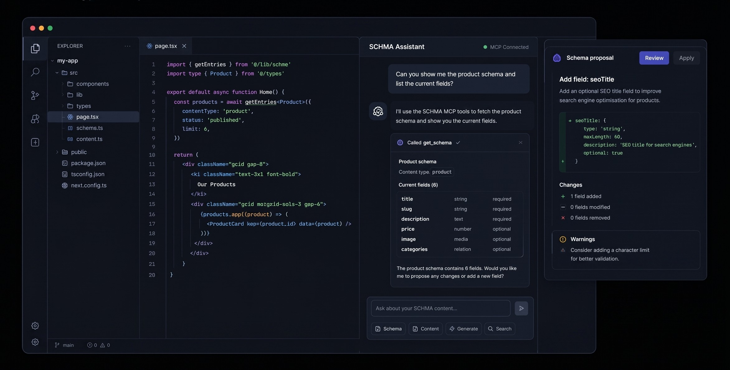 Illustrative SCHMA AI-assisted development workflow showing an IDE code editor, an MCP-connected assistant querying schema tools, and an interactive schema proposal inspector