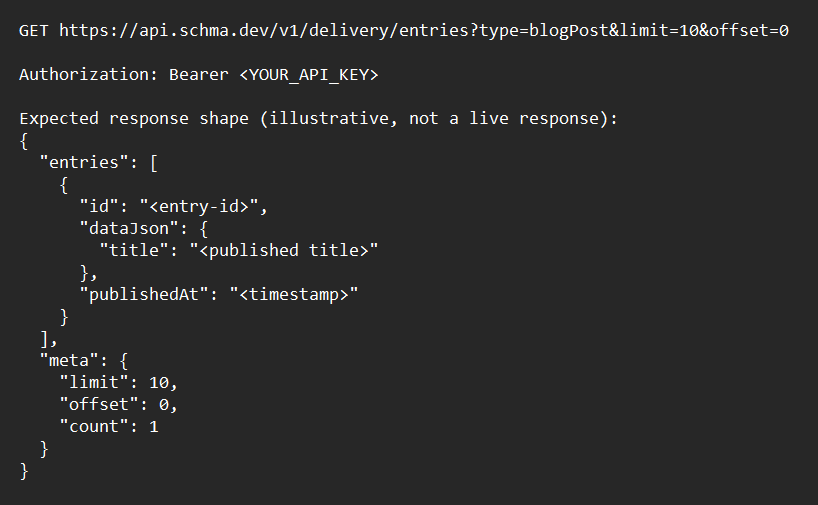 SCHMA Delivery APIs query and JSON payload delivery