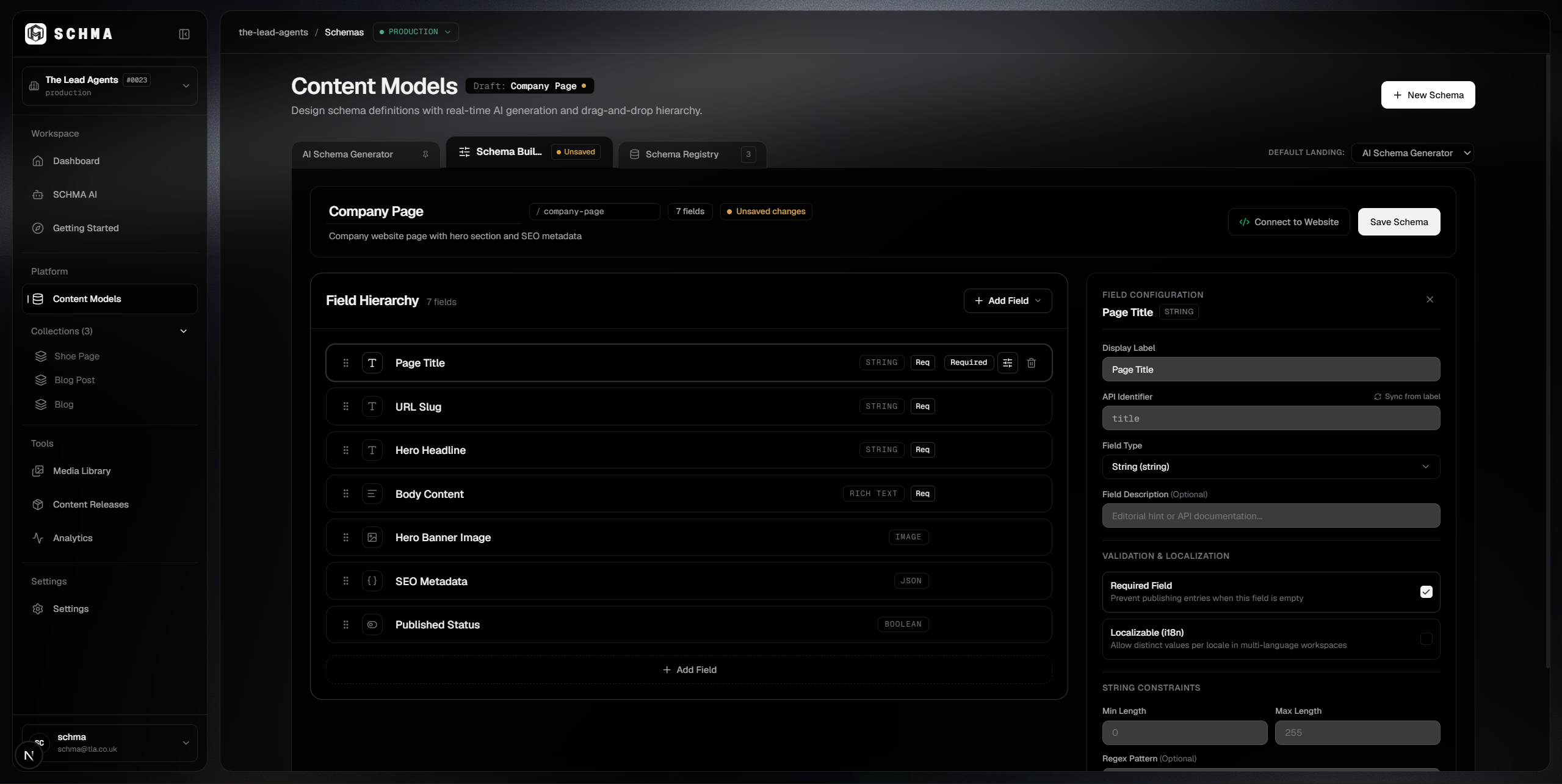 Authentic SCHMA Studio Content Editor interface with structured fields and editorial navigation