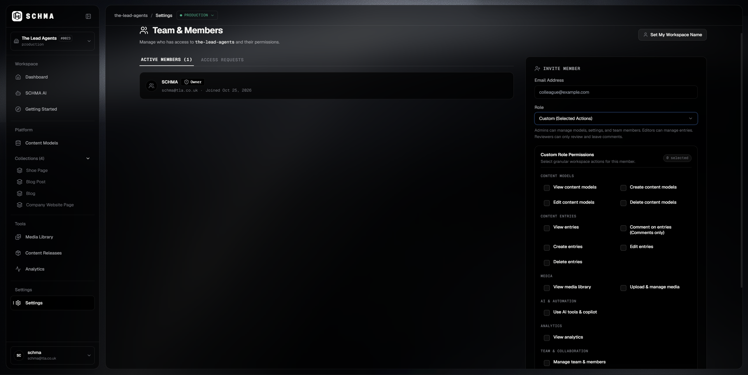 SCHMA Team Roles and Permissions management interface showing role definitions, granular workspace access rights, and admin settings
